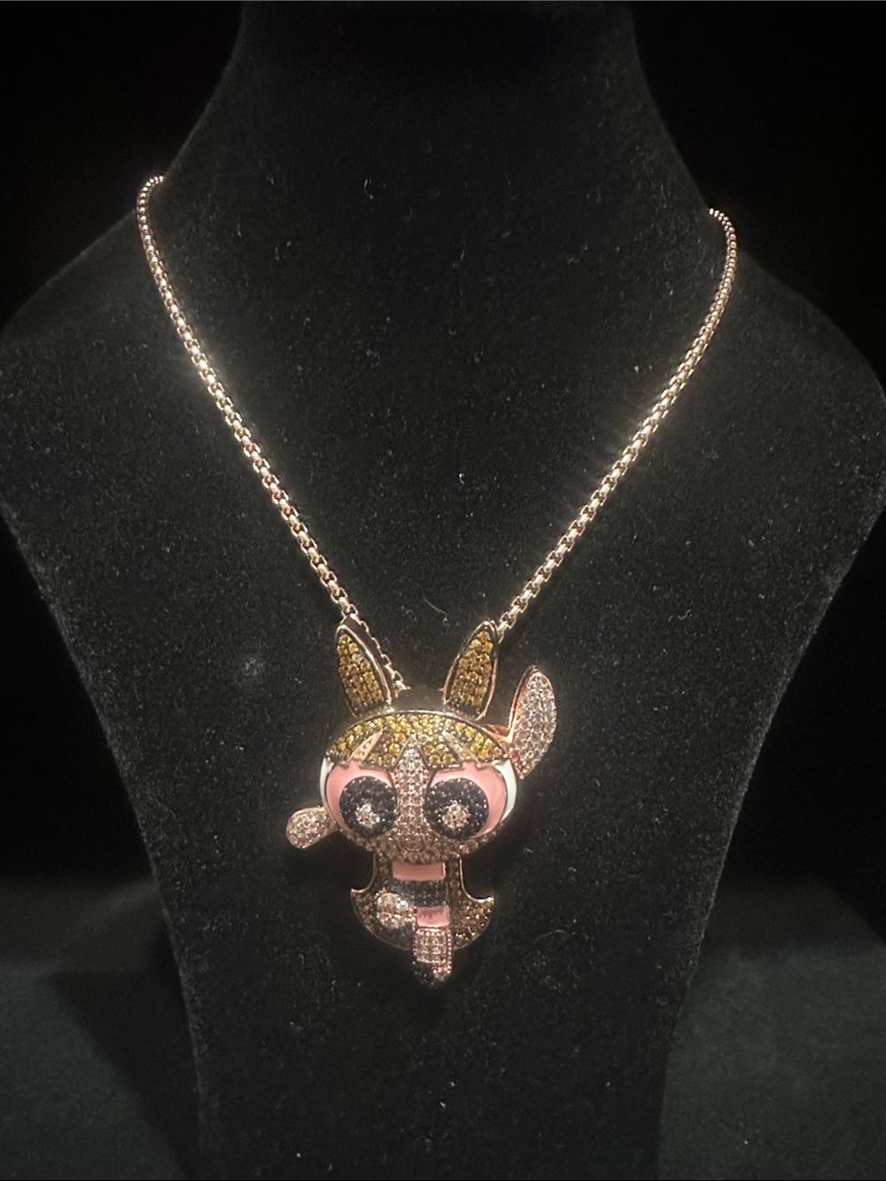 Playful Rose Gold Blossom Powerpuff Girls Crystal Pendant Necklace